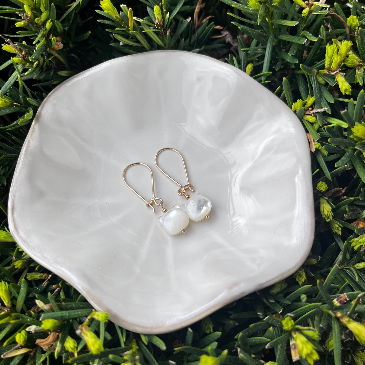 Mother of Pearl 14 Karat Gold Filled Cat Earrings