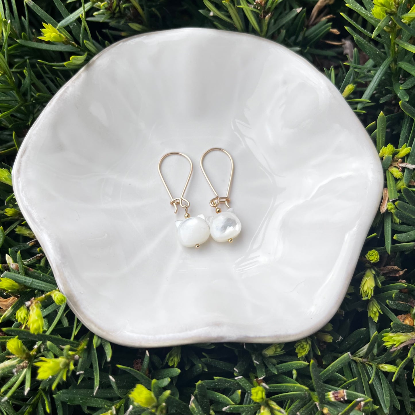 Mother of Pearl 14 Karat Gold Filled Cat Earrings