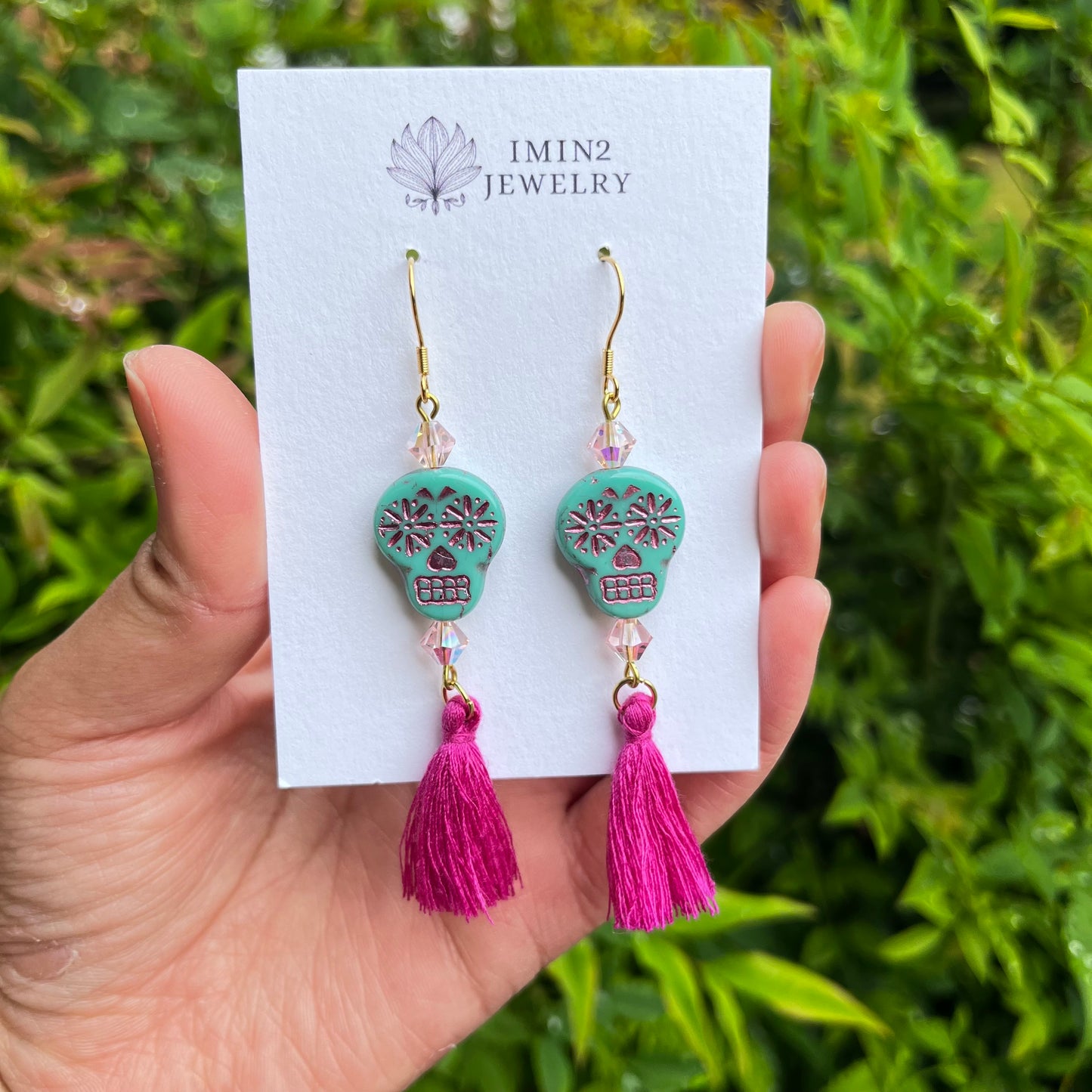Turquoise Sugar Skull Tassel Earrings