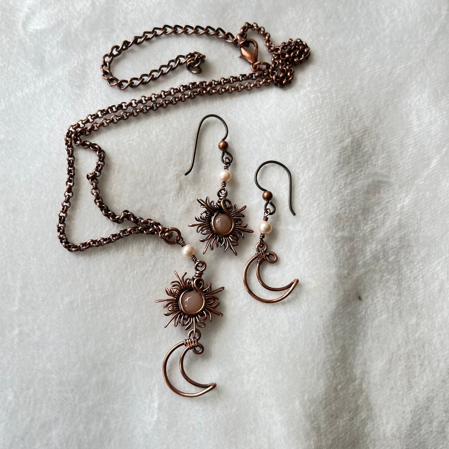 Oxidized Copper Sun and Moon Earrings and Rolo Chain Necklace Set