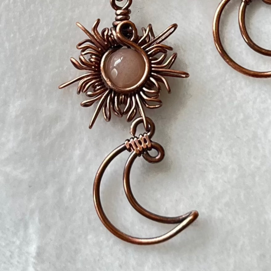Oxidized Copper Sun and Moon Earrings and Rolo Chain Necklace Set