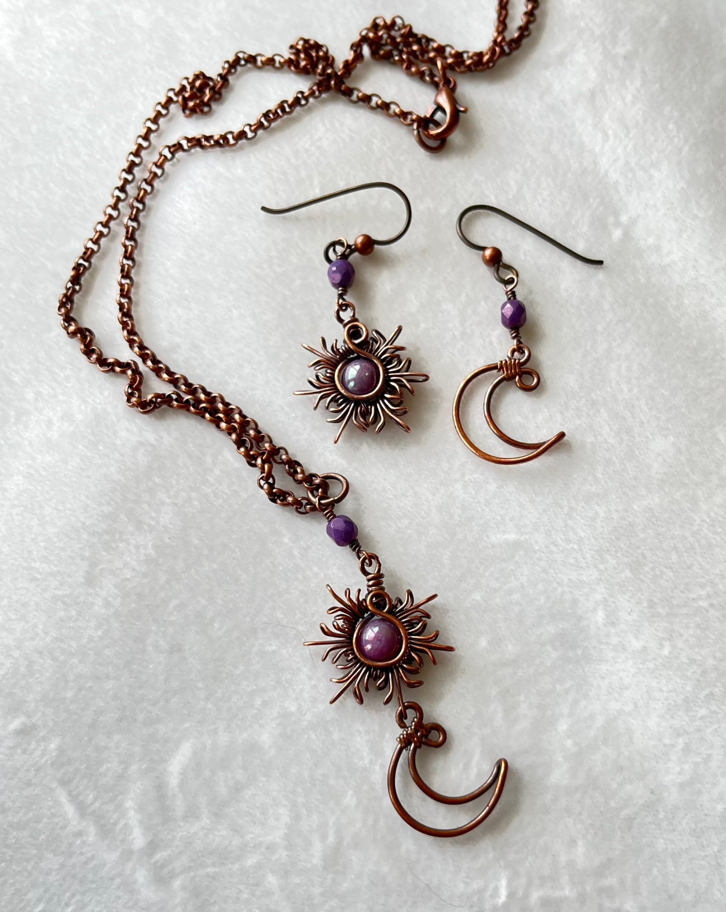 Oxidized Copper Sun and Moon Earrings and Rolo Chain Necklace Set