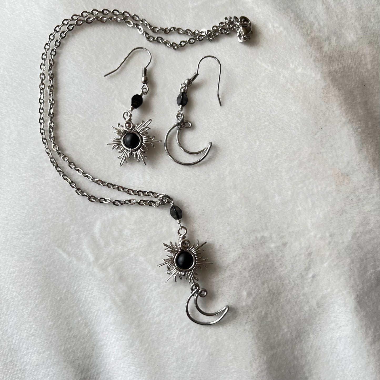Silver Sun and Moon Earrings and Necklace Set-Black Onyx