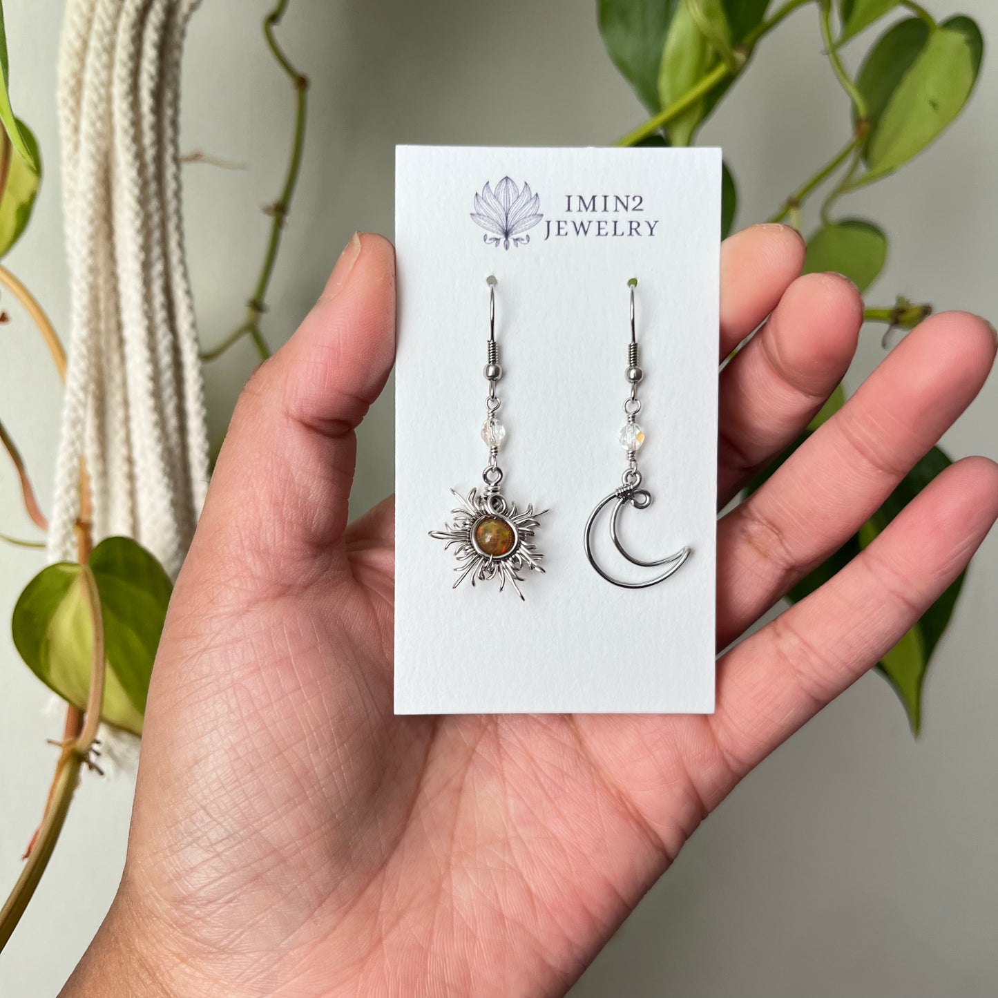 Silver Sun and Moon Earrings (In four different bead colors)