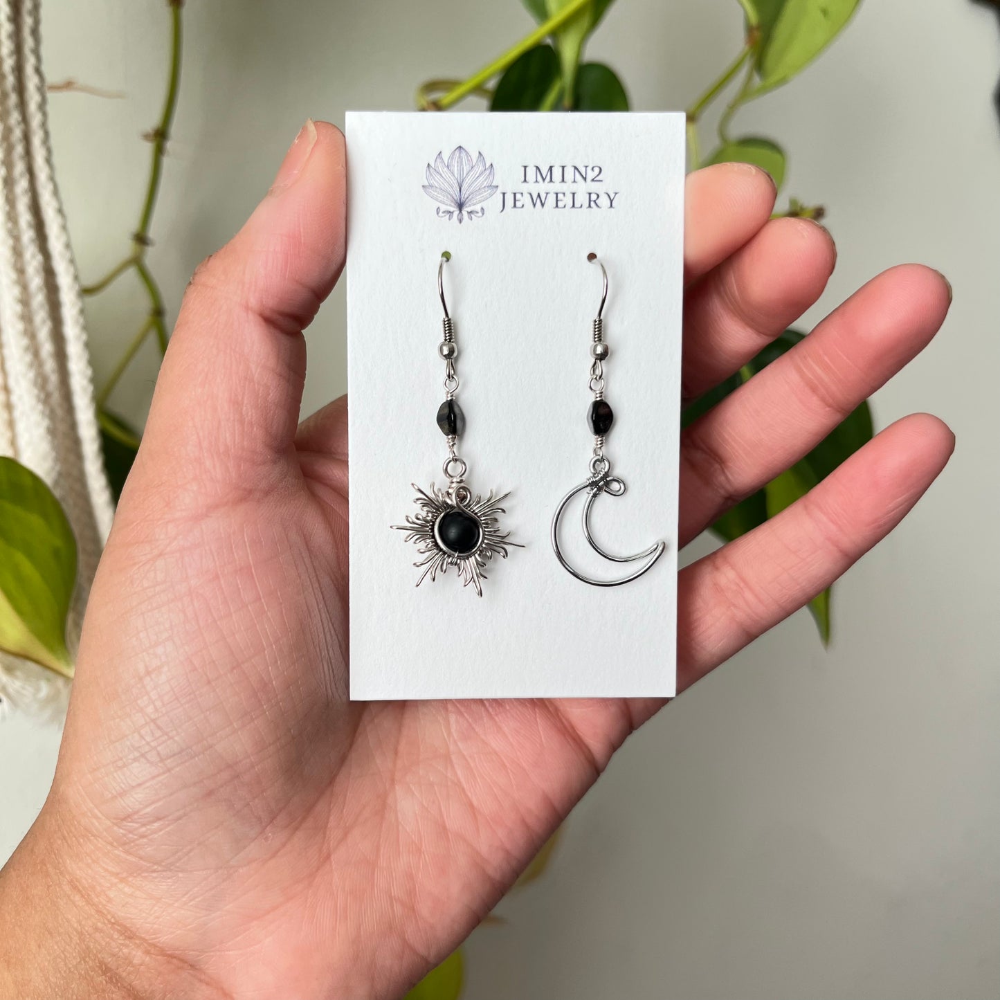 Silver Sun and Moon Earrings (In four different bead colors)