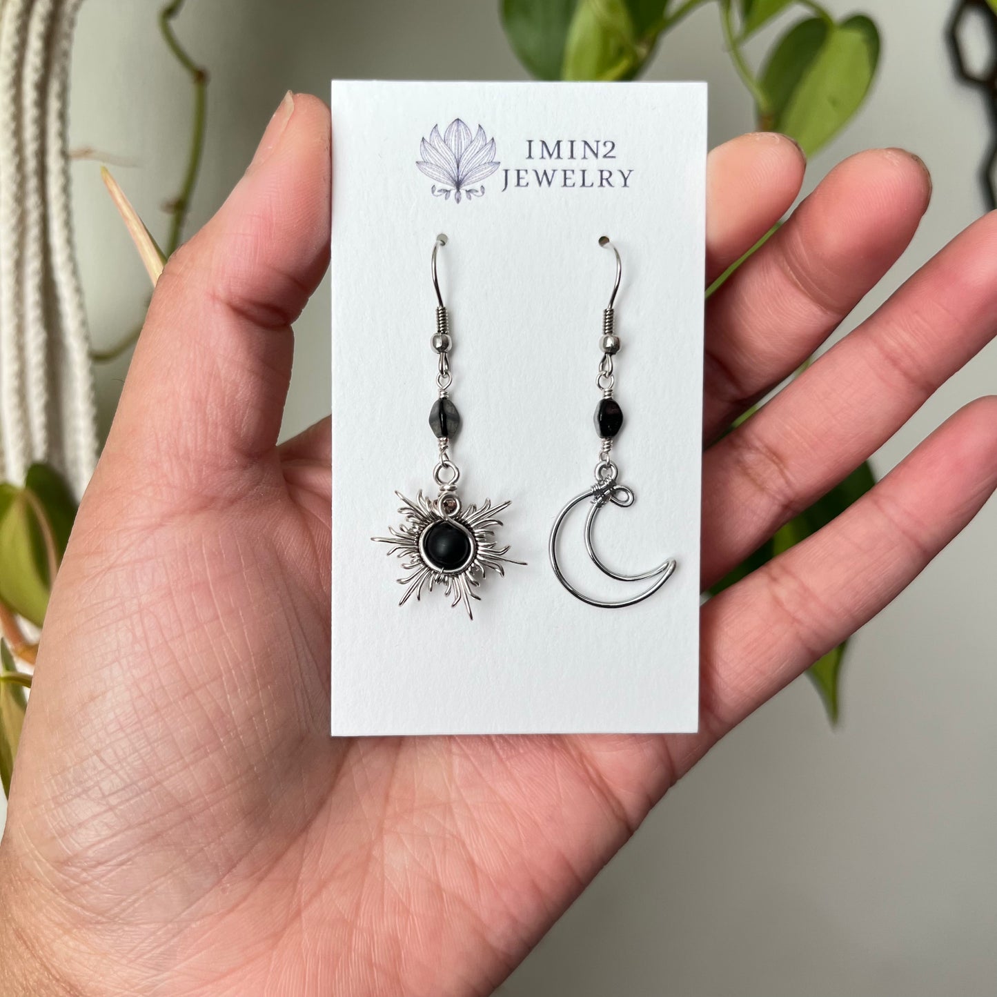 Silver Sun and Moon Earrings (In four different bead colors)
