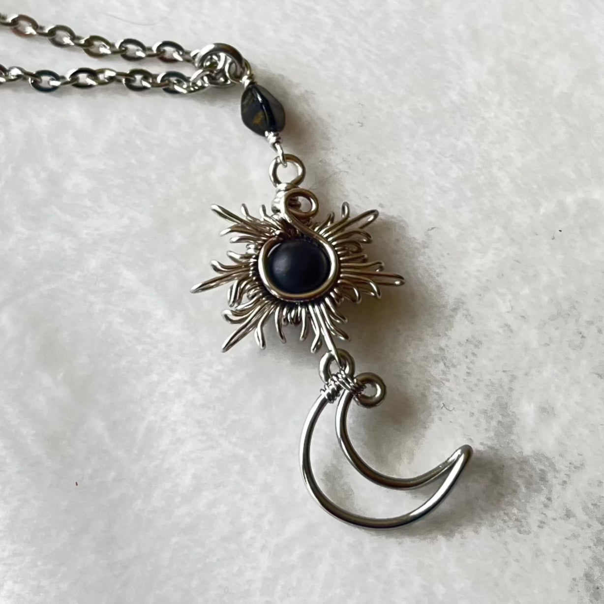 Silver Sun and Moon Earrings and Necklace Set-Black Onyx