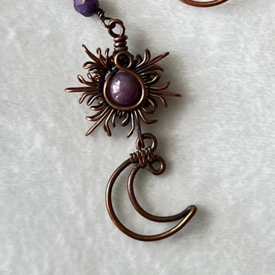 Oxidized Copper Sun and Moon Earrings and Rolo Chain Necklace Set
