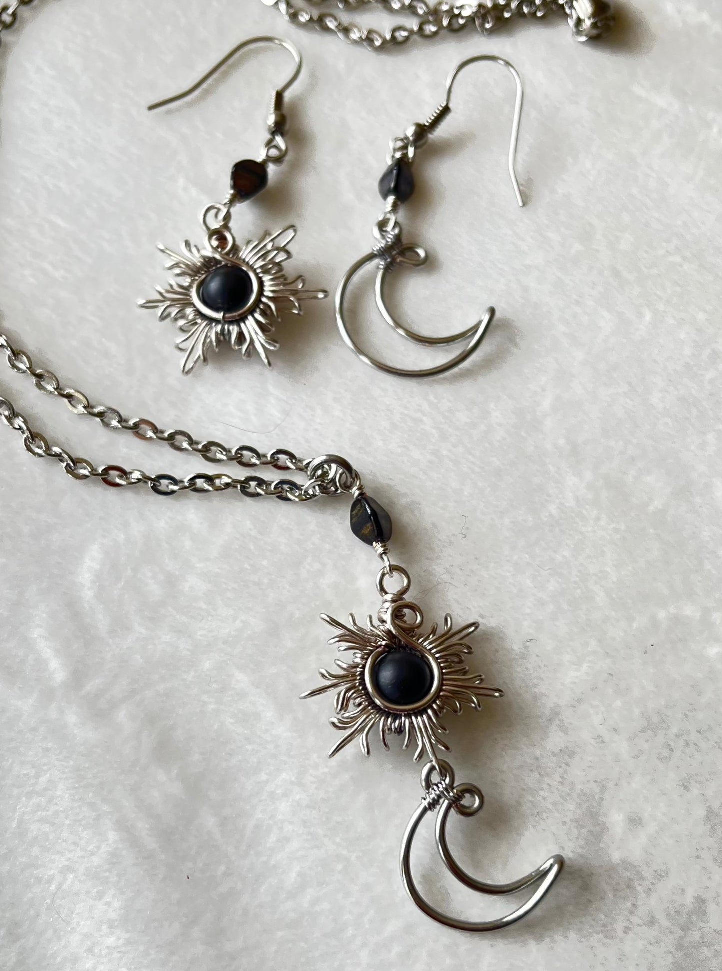 Silver Sun and Moon Earrings and Necklace Set-Black Onyx