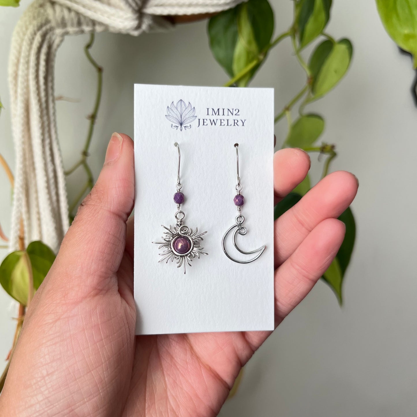 Silver Sun and Moon Earrings (In four different bead colors)