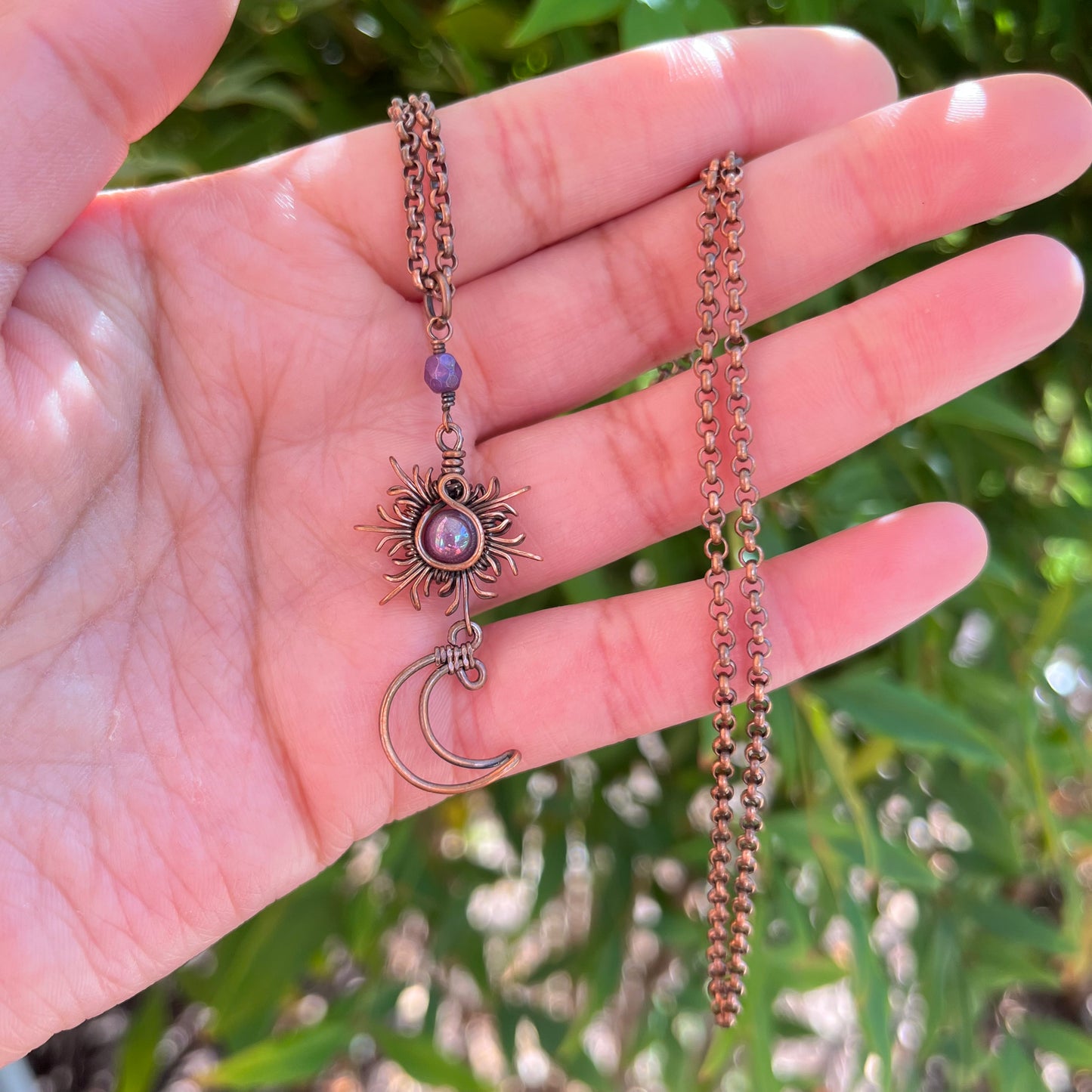 Sun and Moon Oxidized Copper Rolo Chain Necklace