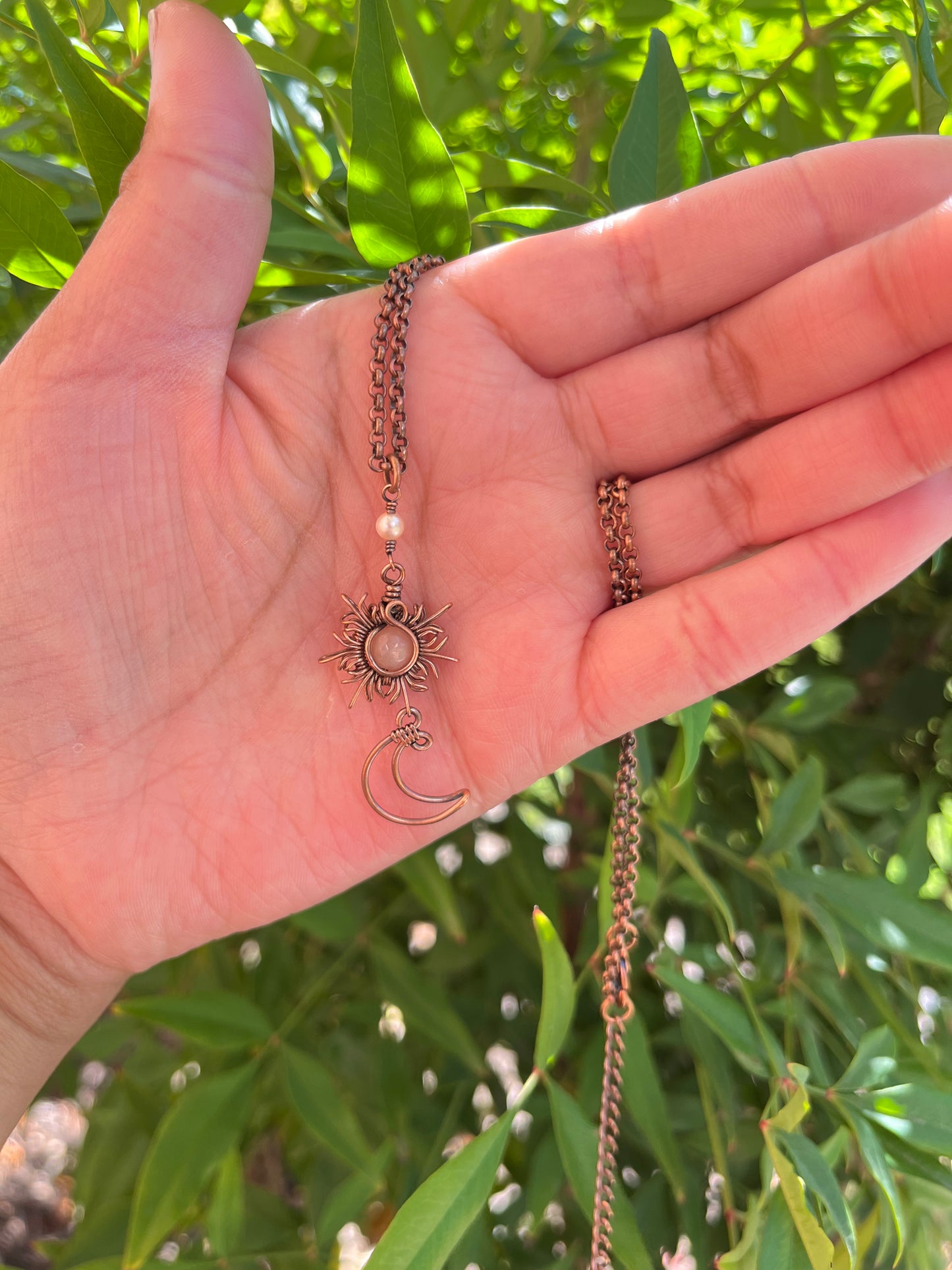 Sun and Moon Oxidized Copper Rolo Chain Necklace