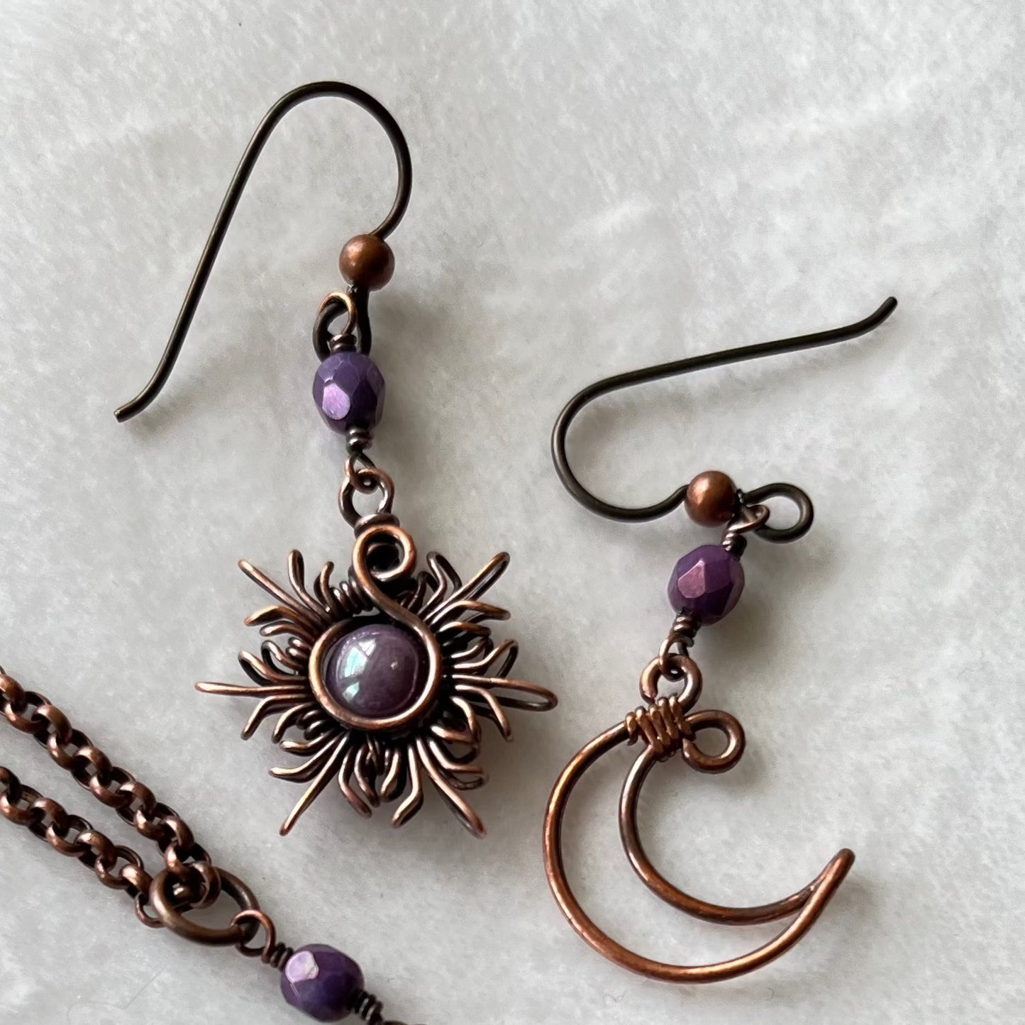 Oxidized Copper Sun and Moon Earrings and Rolo Chain Necklace Set