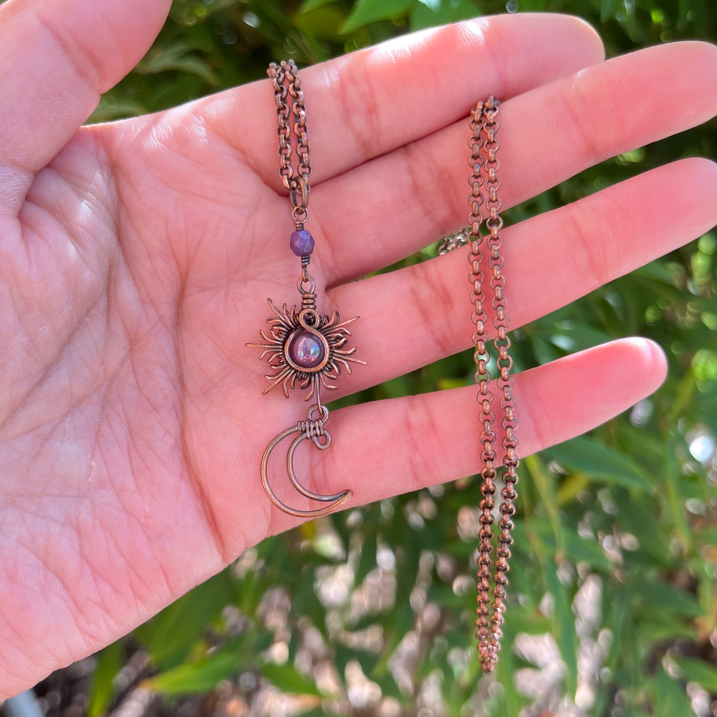 Sun and Moon Oxidized Copper Rolo Chain Necklace