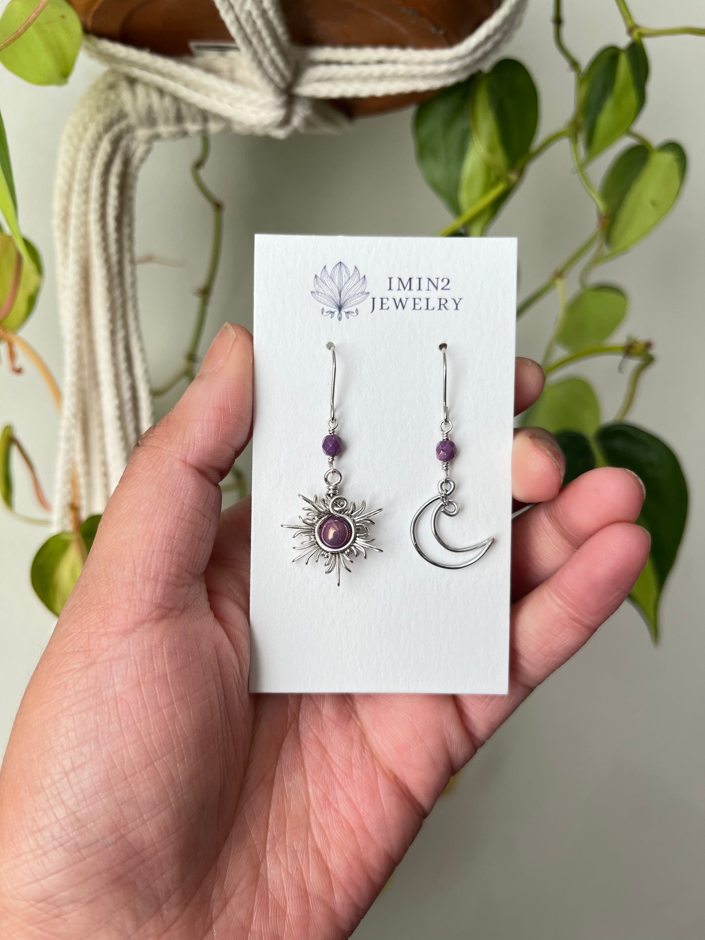 Silver Sun and Moon Earrings (In four different bead colors)