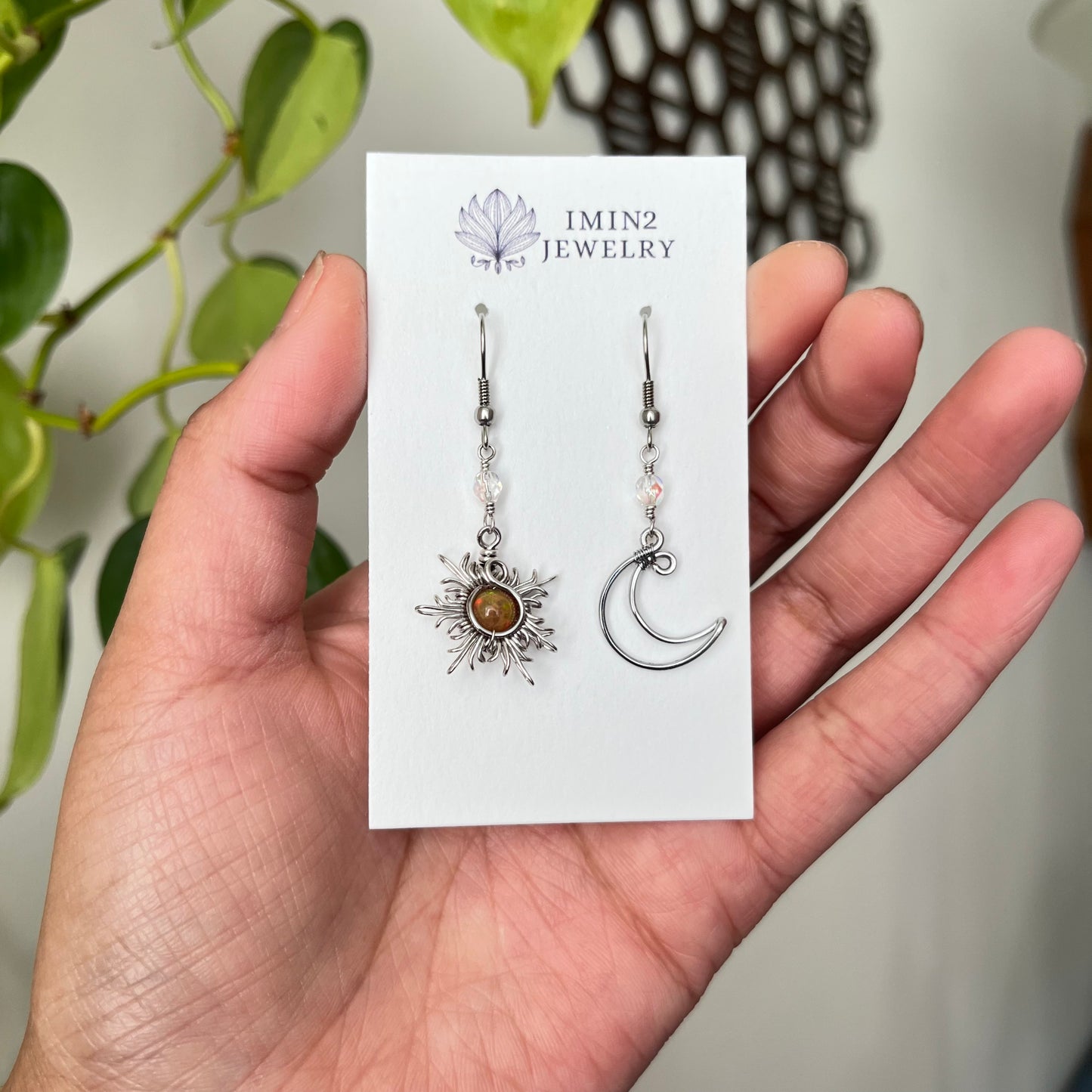Silver Sun and Moon Earrings (In four different bead colors)
