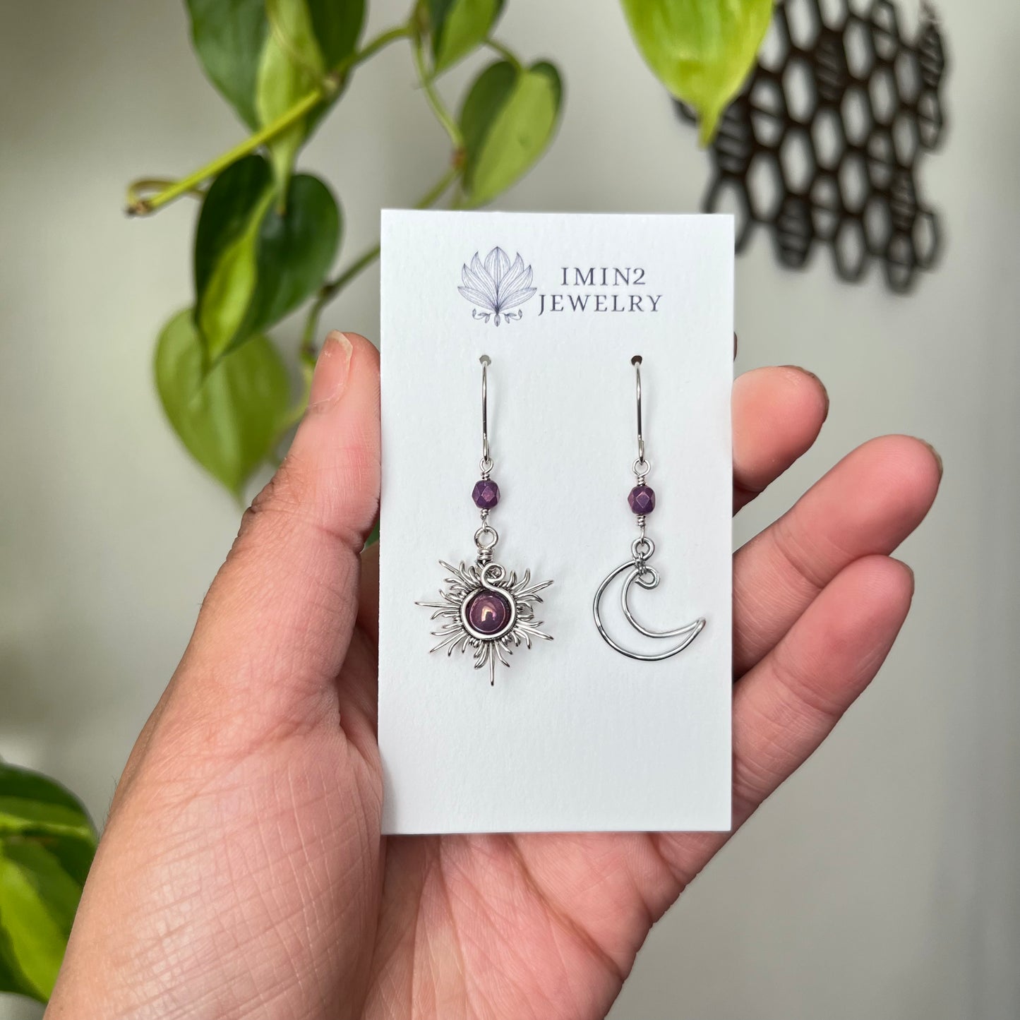 Silver Sun and Moon Earrings (In four different bead colors)