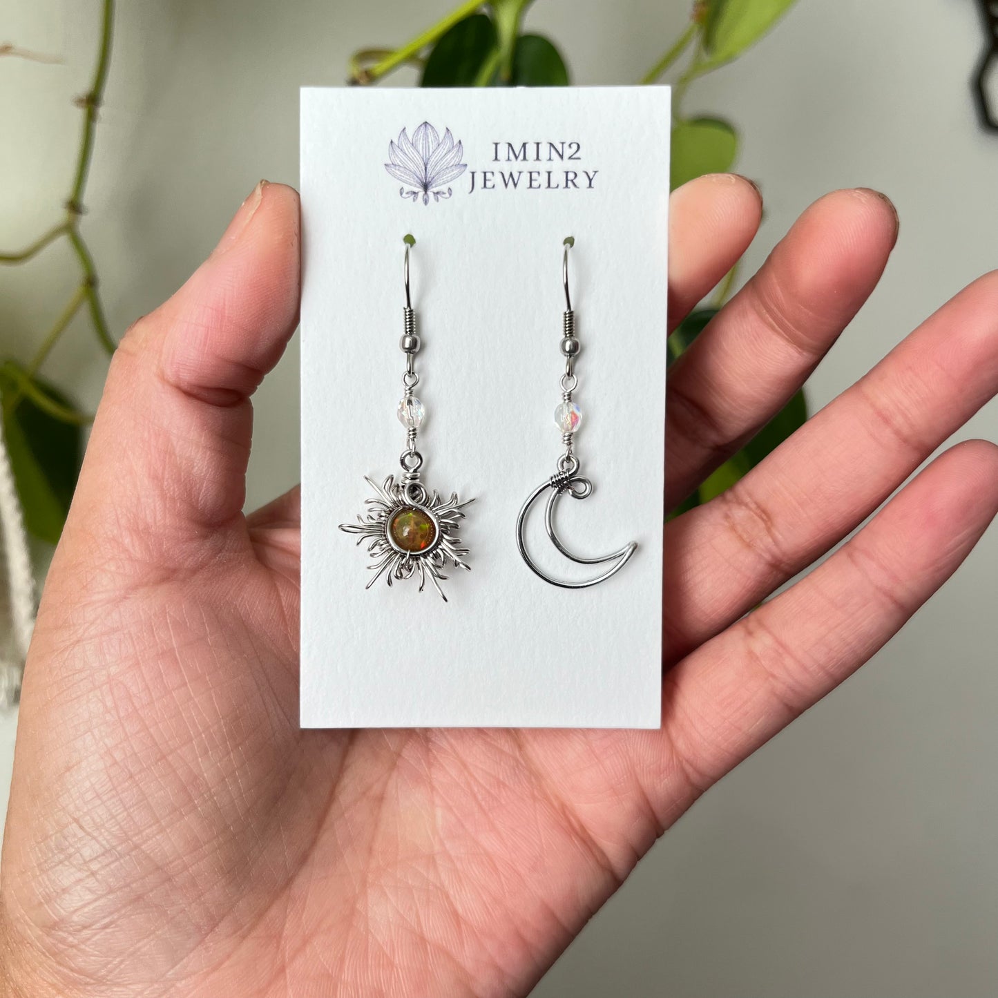 Silver Sun and Moon Earrings (In four different bead colors)