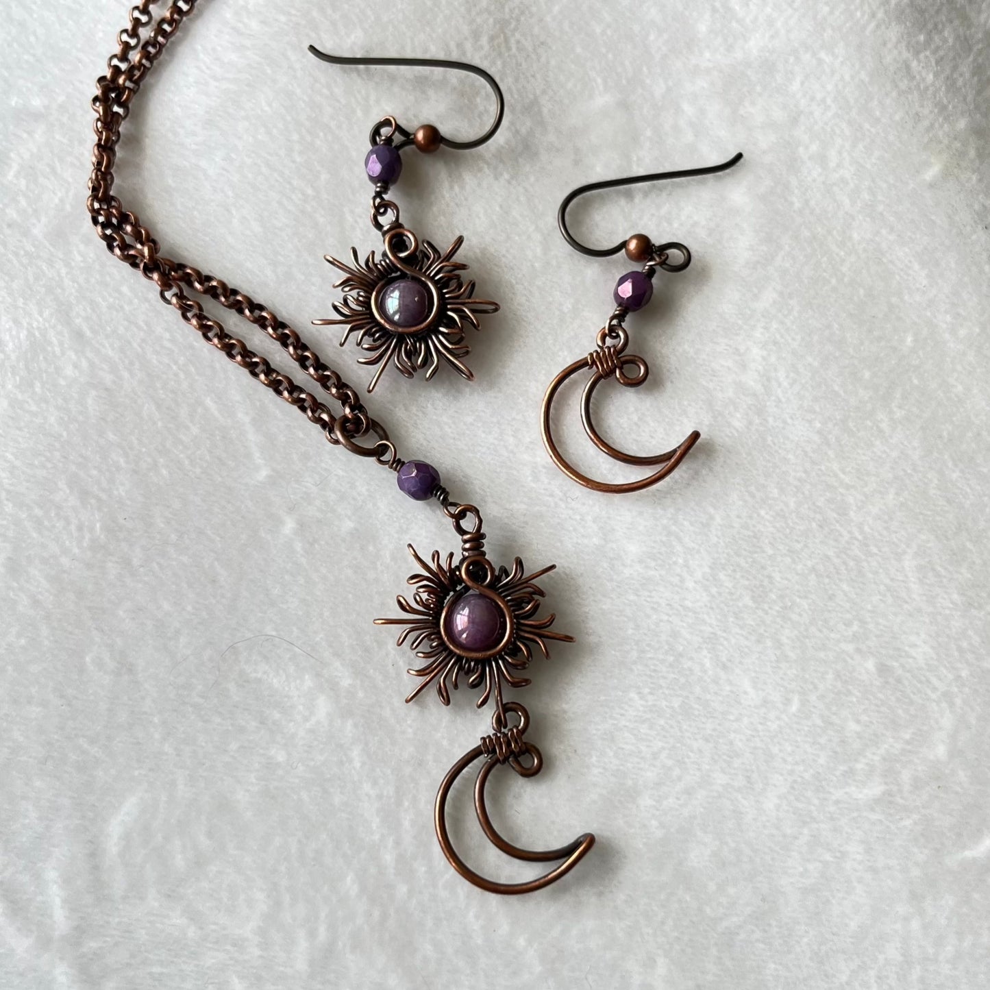 Oxidized Copper Sun and Moon Earrings and Rolo Chain Necklace Set