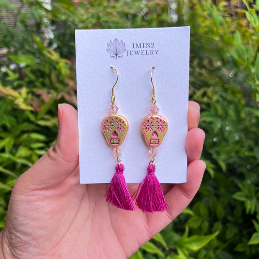Yellow Sugar Skull Tassel Earrings