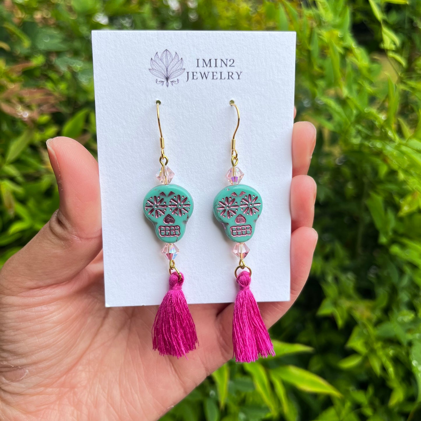 Turquoise Sugar Skull Tassel Earrings