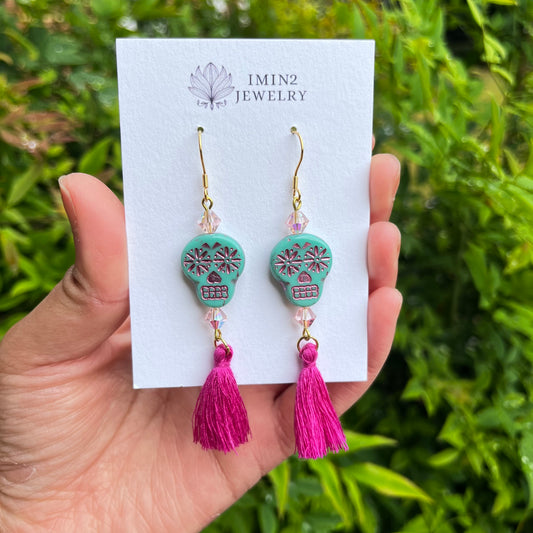 Turquoise Sugar Skull Tassel Earrings