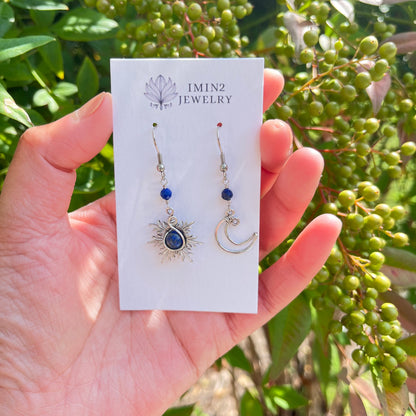 Silver Sun and Moon Earrings (In four different bead colors)