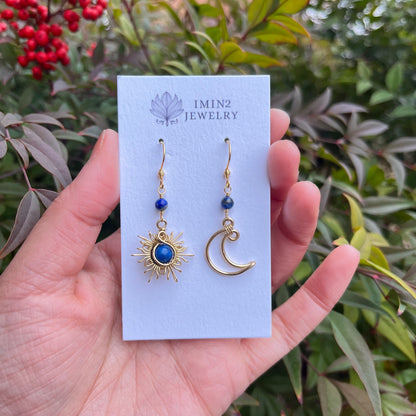 Sun and Moon Brass Earrings (In six different gemstones)