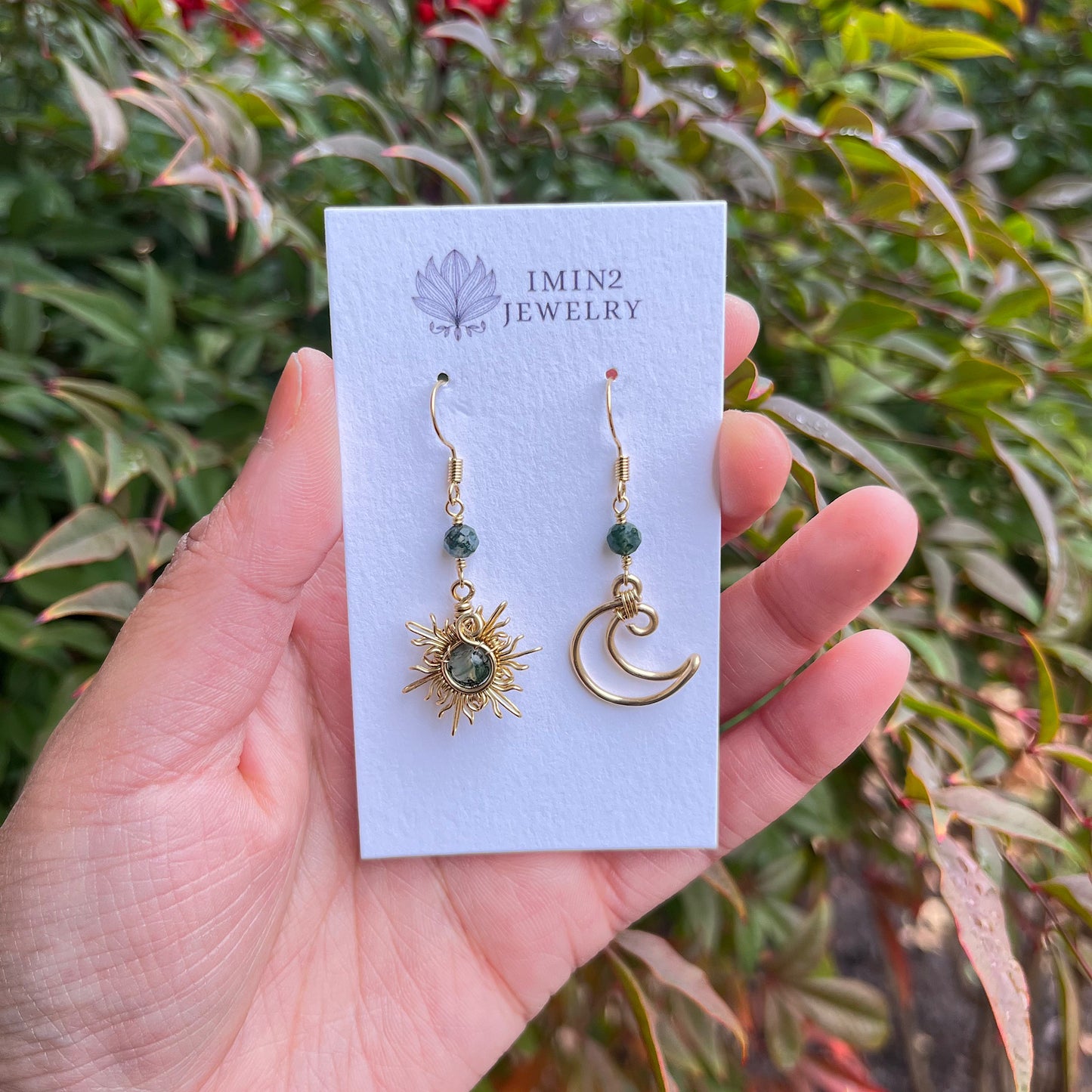 Sun and Moon Brass Earrings (In six different gemstones)