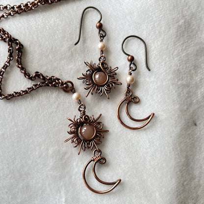 Oxidized Copper Sun and Moon Earrings and Rolo Chain Necklace Set