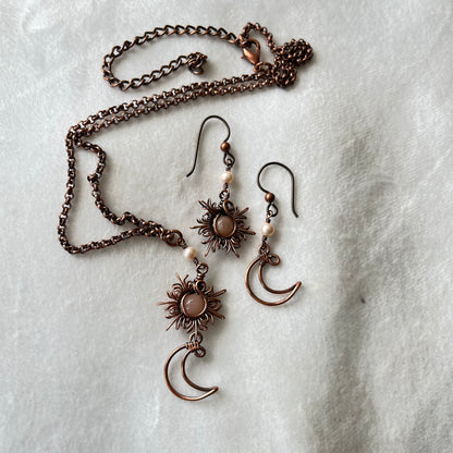 Oxidized Copper Sun and Moon Earrings and Rolo Chain Necklace Set