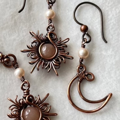 Oxidized Copper Sun and Moon Earrings and Rolo Chain Necklace Set