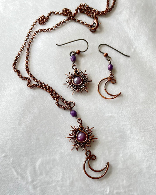 Copper Sun and Moon Earrings and Necklace Set