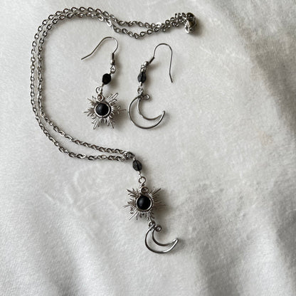 Silver Sun and Moon Earrings and Necklace Set-Black Onyx