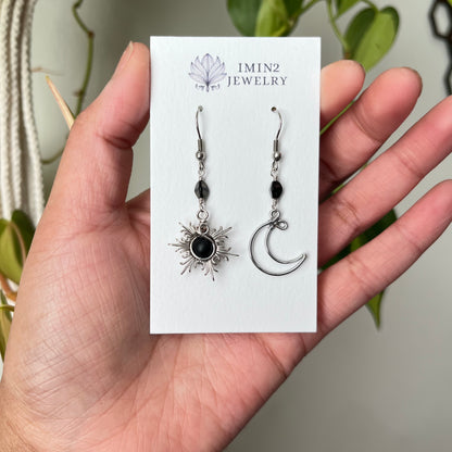 Silver Sun and Moon Earrings (In four different bead colors)