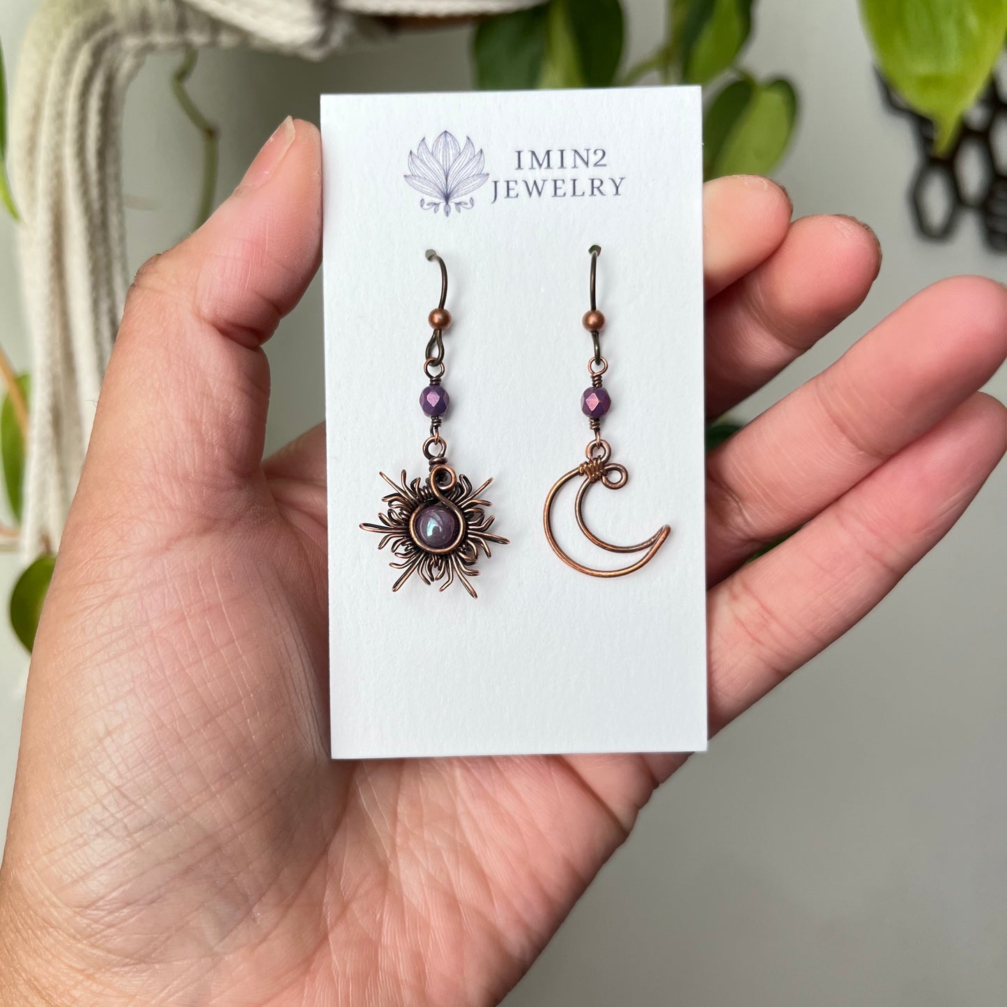 Oxidized Copper Sun and Moon Earrings (In three different bead colors)