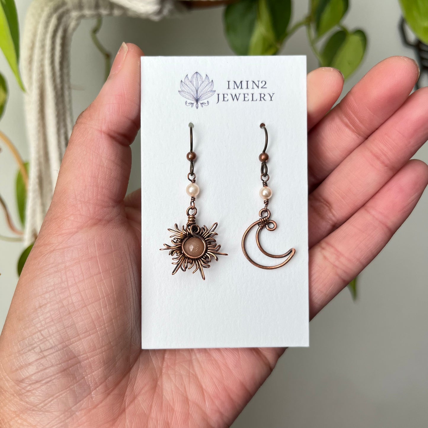 Oxidized Copper Sun and Moon Earrings (In three different bead colors)