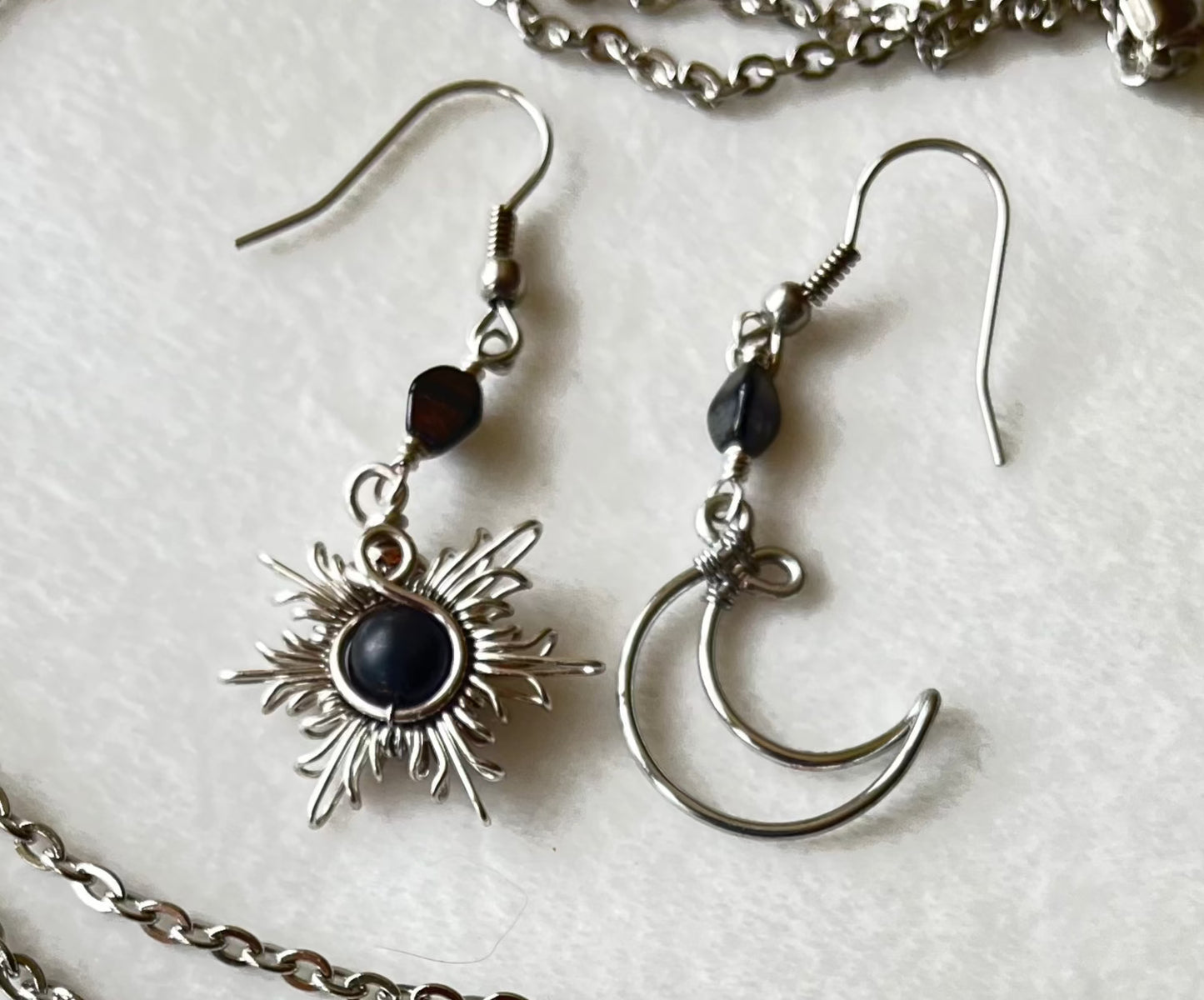 Silver Sun and Moon Earrings and Necklace Set-Black Onyx