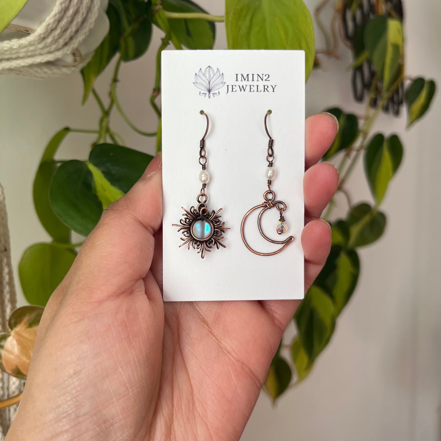 Oxidized Copper Sun and Moon Earrings (In three different bead colors)