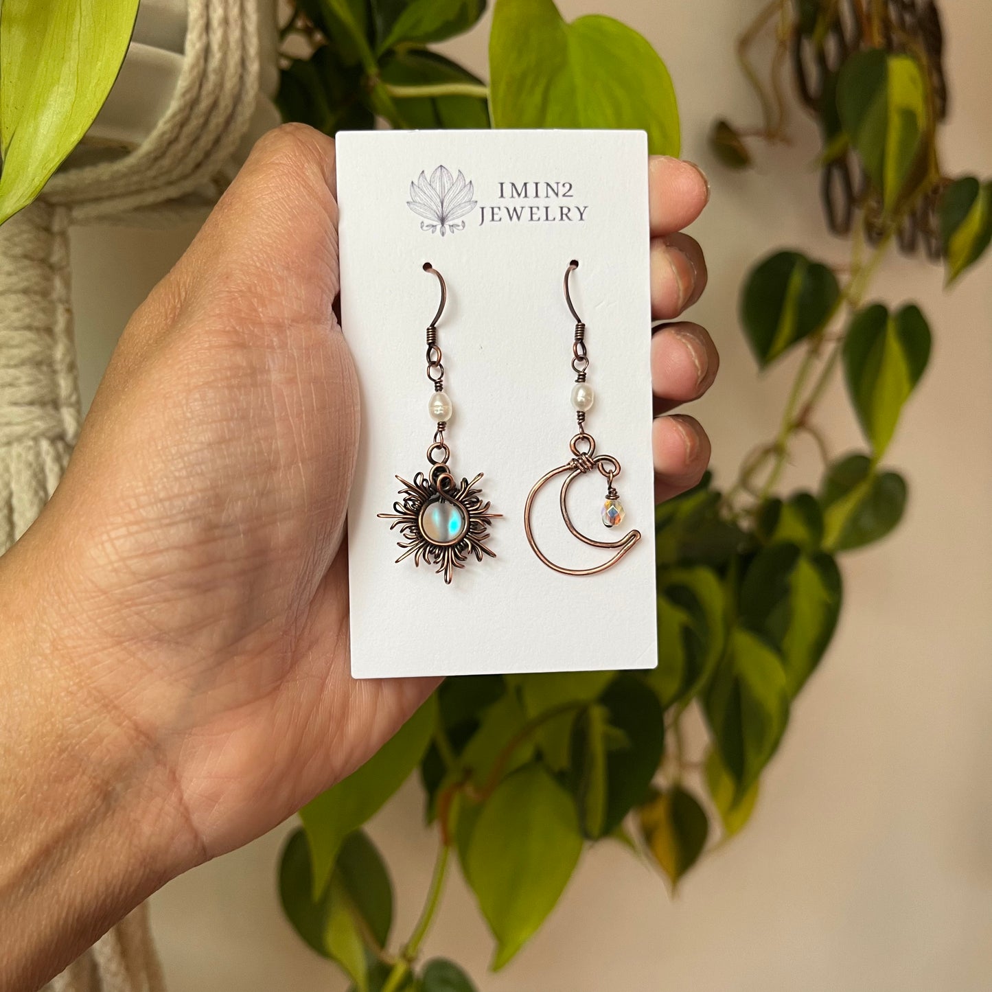 Oxidized Copper Sun and Moon Earrings (In three different bead colors)