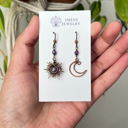 Oxidized Copper Sun and Moon Earrings (In three different bead colors)