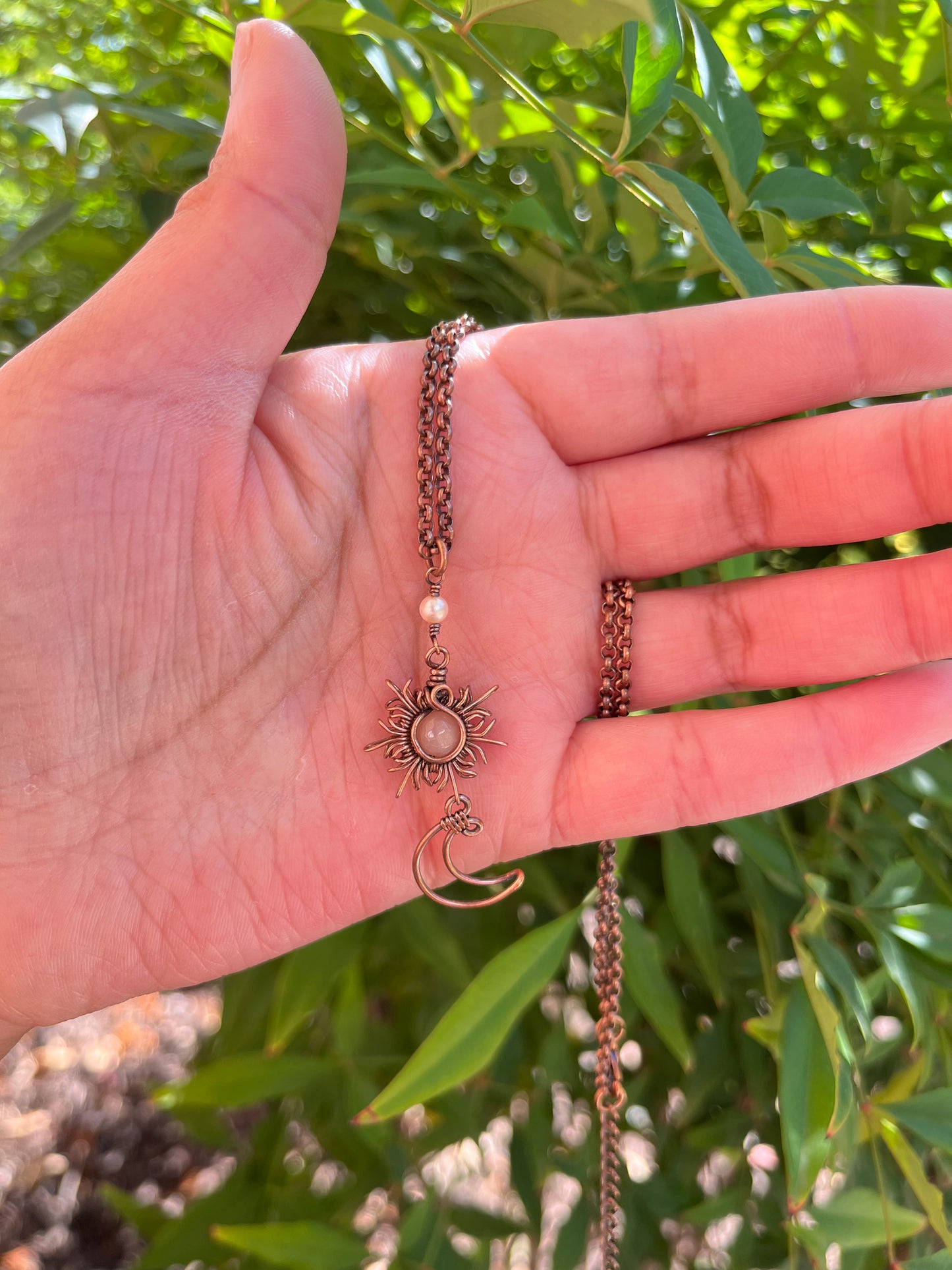 Sun and Moon Oxidized Copper Rolo Chain Necklace